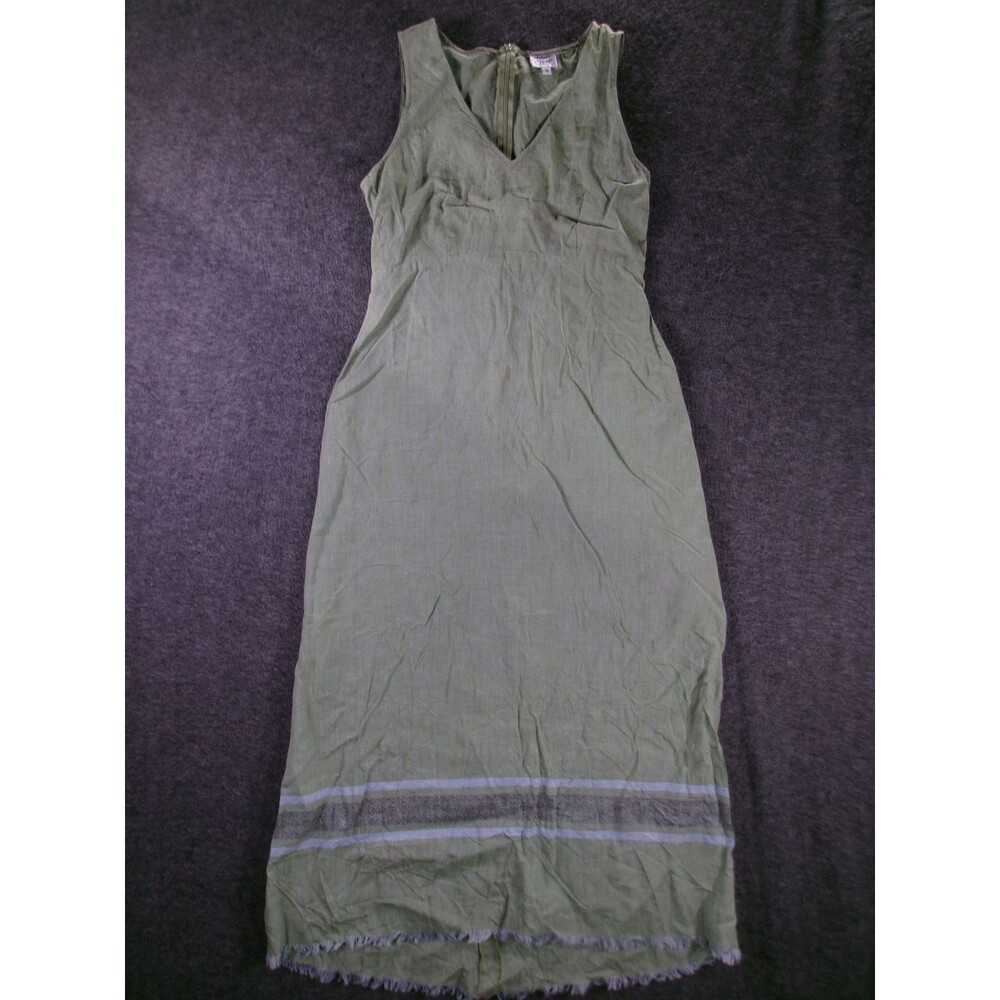 Margaret OLeary Dress Women Small Green Linen Fringe Lagenlook Boho Resort Day